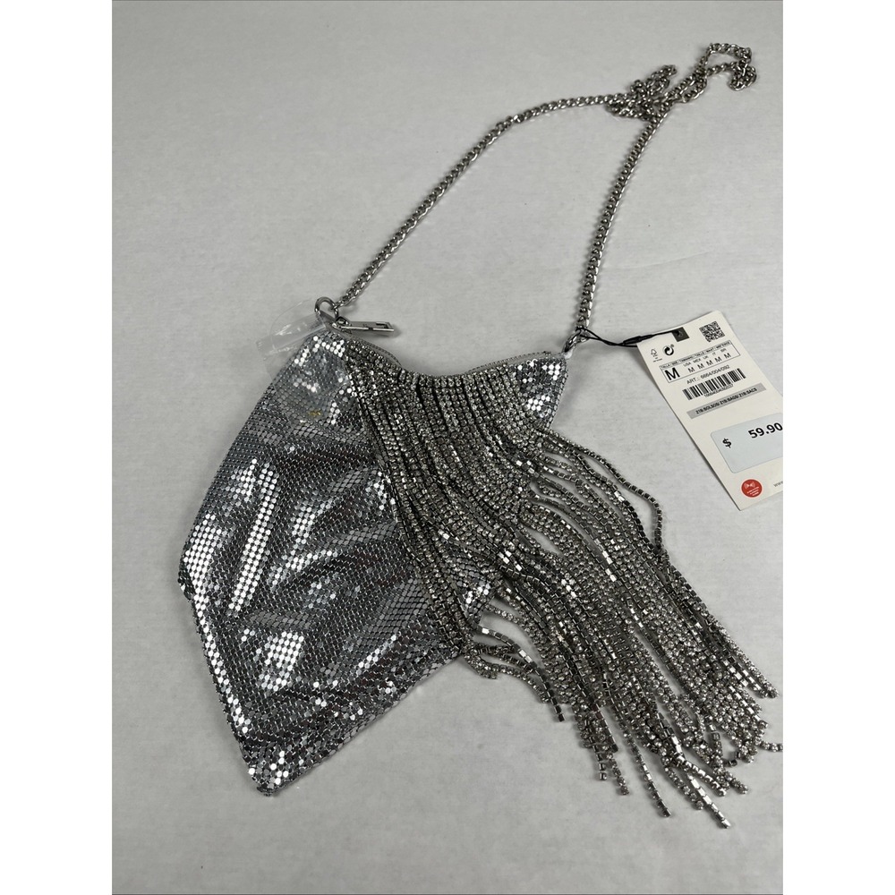 Zara Silver Metallic Fringe Chain Shoulder Clutch - Picture 4 of 6